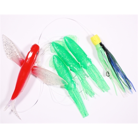 Flying Fish red/silver - Squid green - Lure yellow head/skirts 18/19