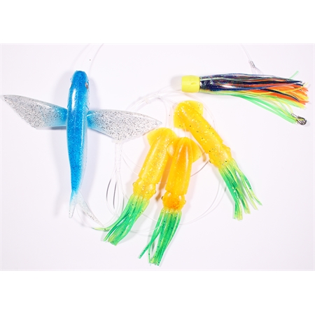 Flying Fish blue/silver - Squid green/yellow/orange - Lure yellow head/skirts 60/55