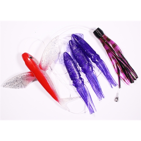 Flying fish red/silver - Squid purple - Lure black head/skirts 35/90