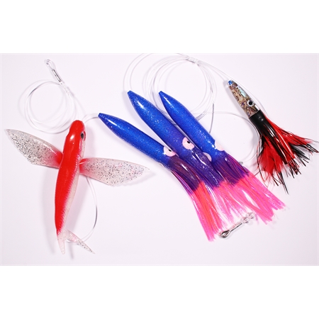 Flying Fish red/silver - Tube Squid blue/pink/purple - Lure red/black