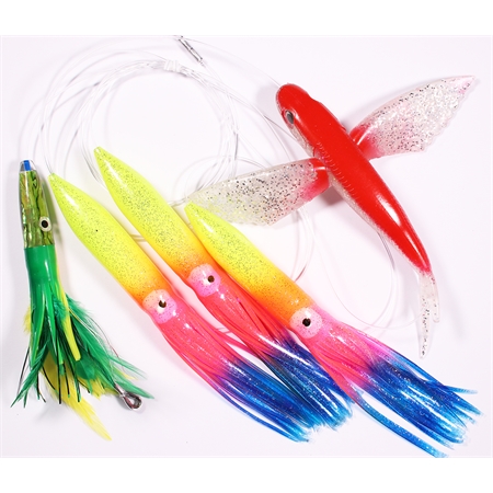 Flying Fish red/silver - Tube Squid rainbow - Lure green/yellow/orange